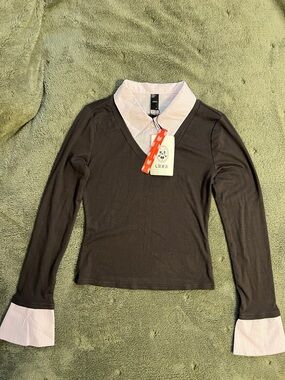 Cider Brown Long-Sleeve Top with Pink Stripe Collar & Cuffs